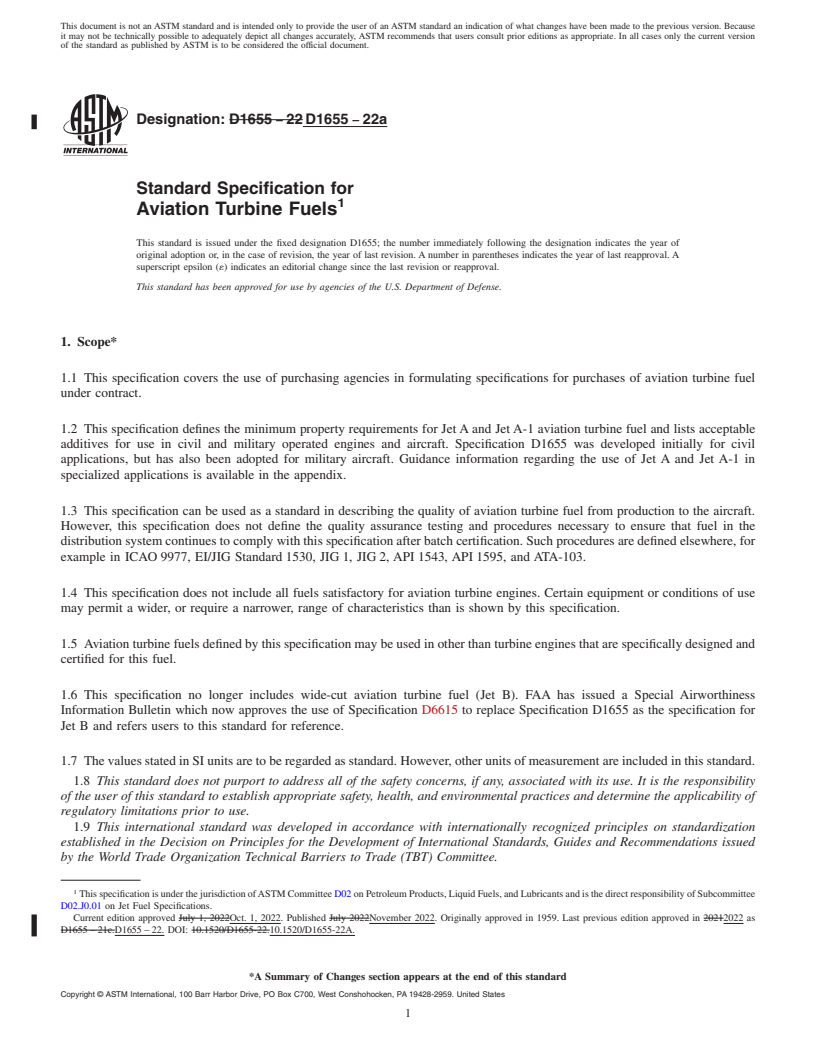 REDLINE ASTM D1655-22a - Standard Specification for Aviation Turbine Fuels