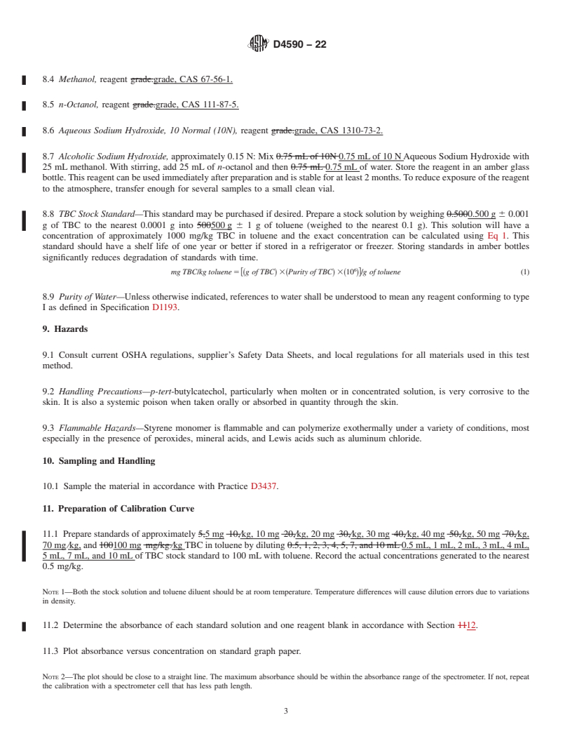 REDLINE ASTM D4590-22 - Standard Test Method for Colorimetric Determination of <emph type="ital">p-tert</emph  >-Butylcatechol      In Styrene  Monomer or AMS (α–Methylstyrene)  by Spectrophotometry