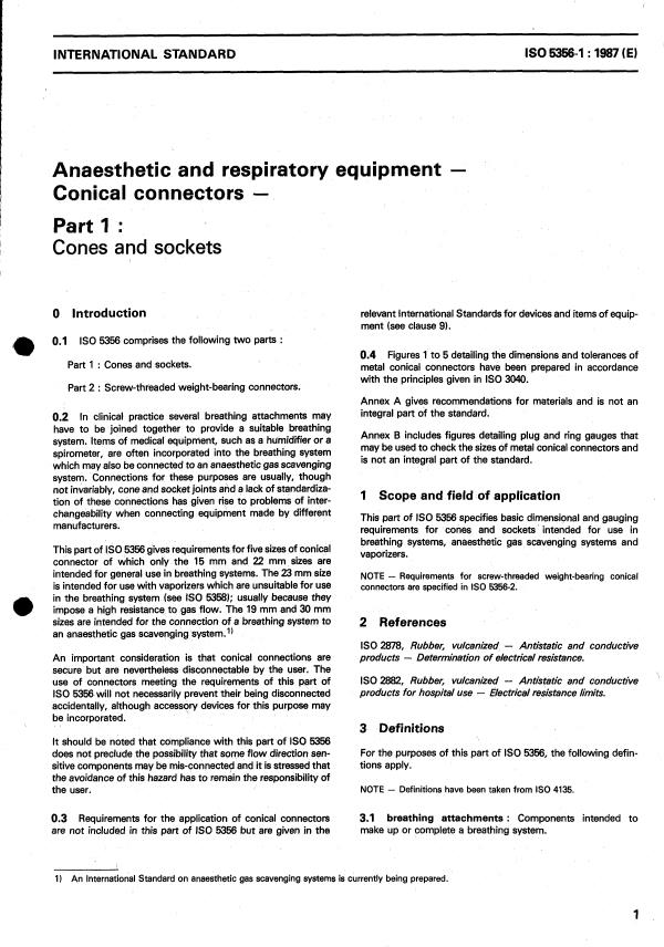 ISO 5356-1:1987 - Anaesthetic and respiratory equipment -- Conical connectors