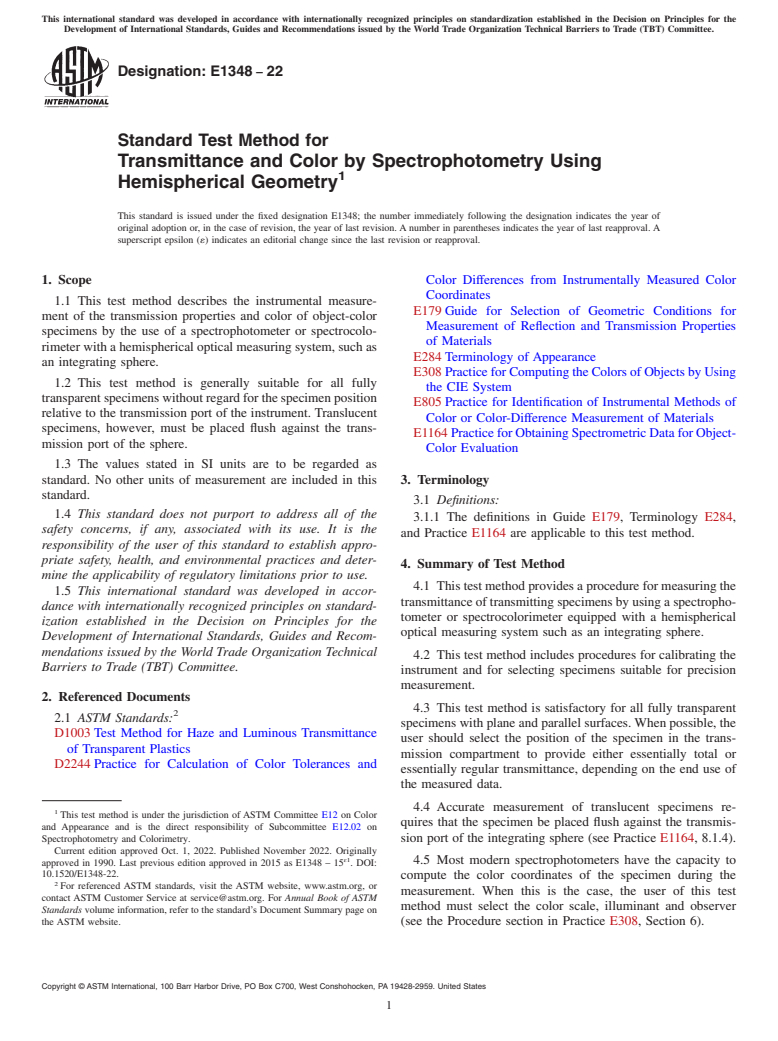 ASTM E1348-22 - Standard Test Method for Transmittance and Color by Spectrophotometry Using Hemispherical   Geometry