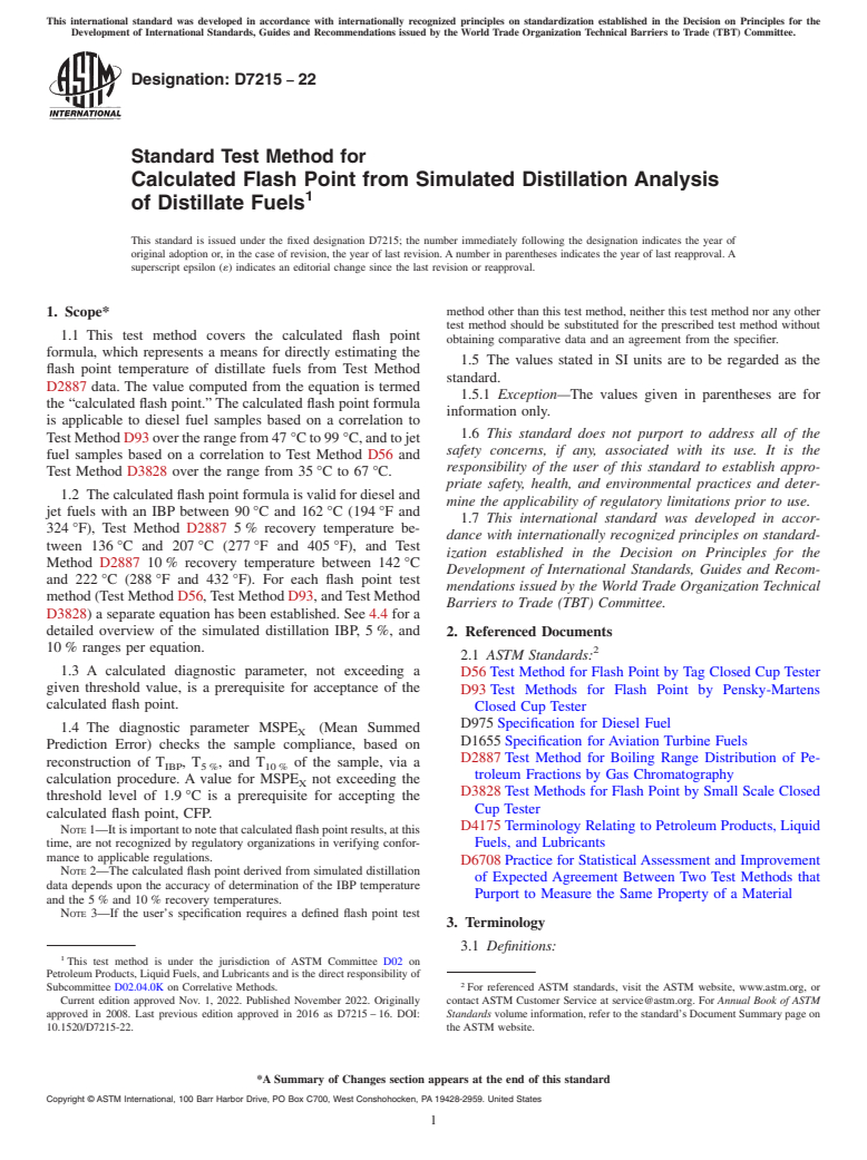 ASTM D7215-22 - Standard Test Method for  Calculated Flash Point from Simulated Distillation Analysis  of Distillate  Fuels
