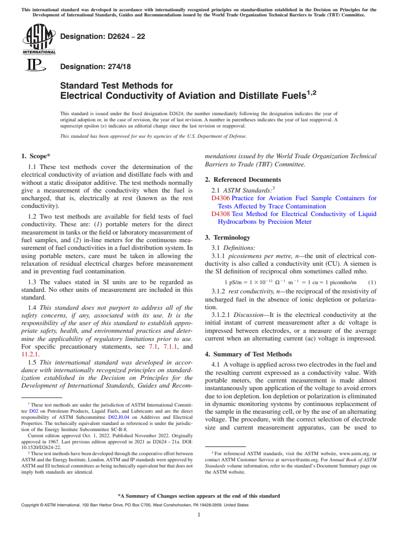ASTM D2624-22 - Standard Test Methods for  Electrical Conductivity of Aviation and Distillate Fuels
