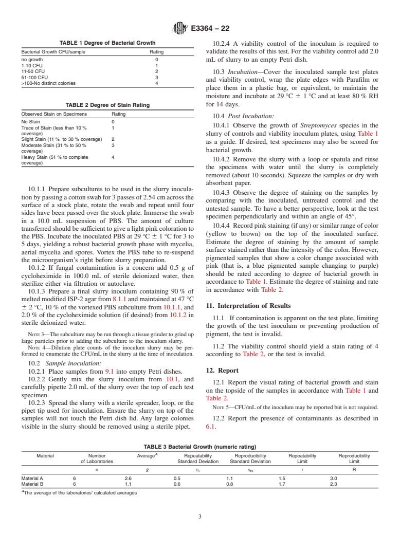 ASTM E3364-22 - Standard Test Method for Evaluating the Performance of Antimicrobials in or on Polymeric  Porous and Nonporous Materials Against Staining by <emph type="ital"  >Streptomyces</emph> species (A Pink Stain Organism)