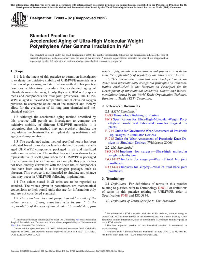 ASTM F2003-02(2022) - Standard Practice for  Accelerated Aging of Ultra-High Molecular Weight Polyethylene  After Gamma Irradiation in Air