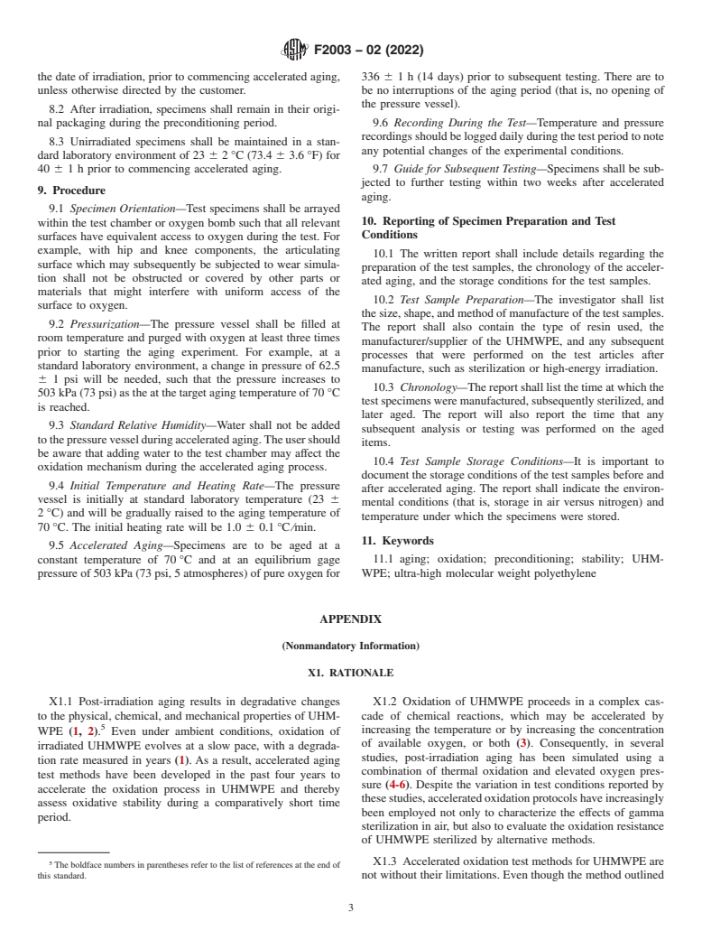 ASTM F2003-02(2022) - Standard Practice for  Accelerated Aging of Ultra-High Molecular Weight Polyethylene  After Gamma Irradiation in Air