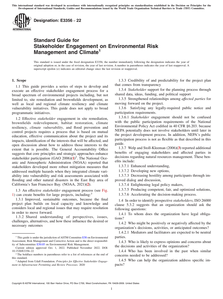 ASTM E3356-22 - Standard Guide for Stakeholder Engagement on Environmental Risk Management and  Climate
