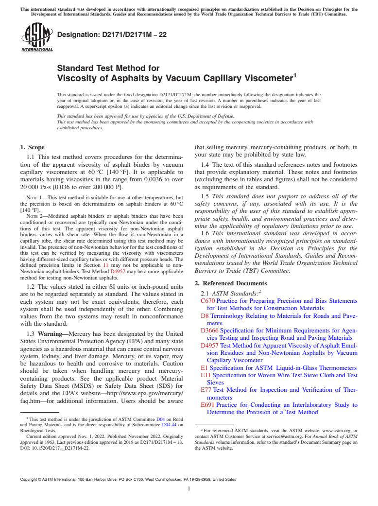 ASTM D2171/D2171M-22 - Standard Test Method for  Viscosity of Asphalts by Vacuum Capillary Viscometer