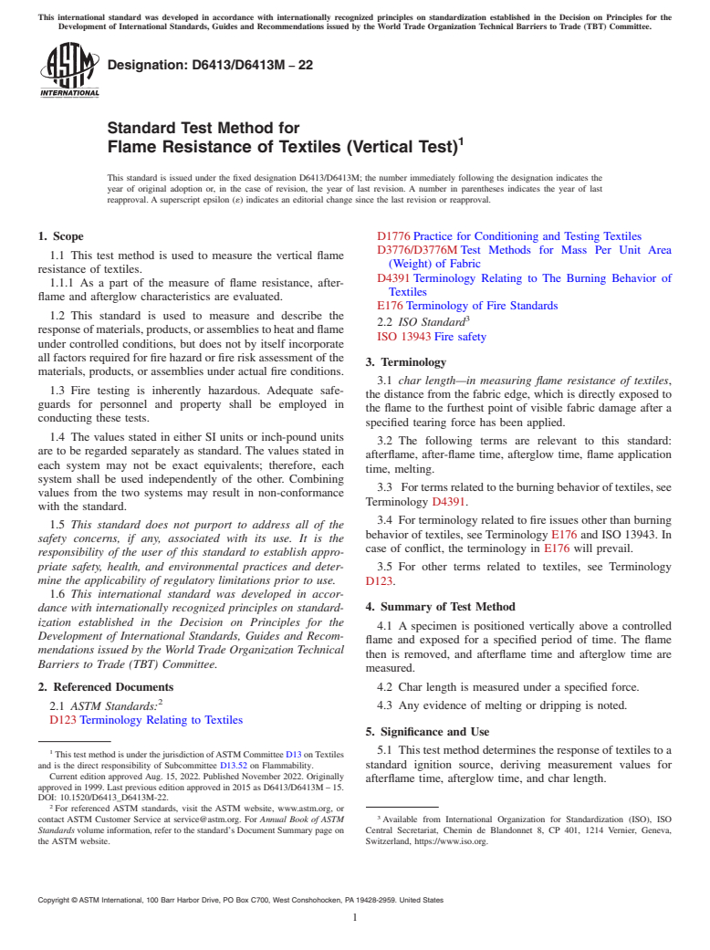 ASTM D6413/D6413M-22 - Standard Test Method for  Flame Resistance of Textiles (Vertical Test)