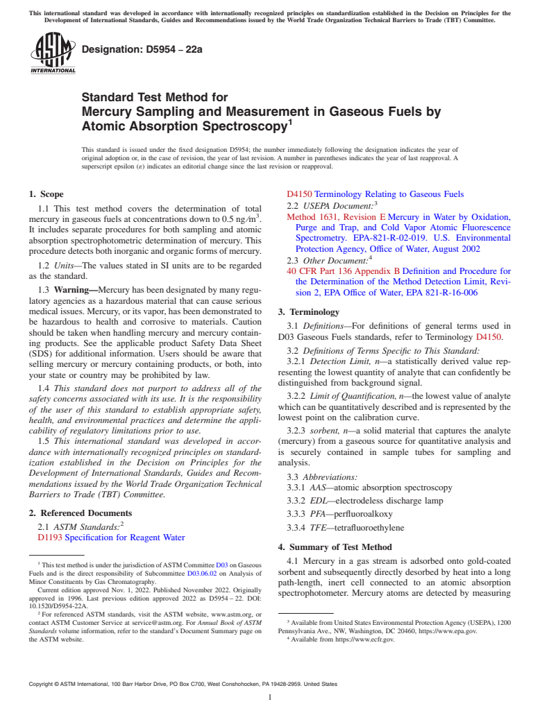 ASTM D5954-22a - Standard Test Method for  Mercury Sampling and Measurement in Gaseous Fuels by Atomic  Absorption Spectroscopy