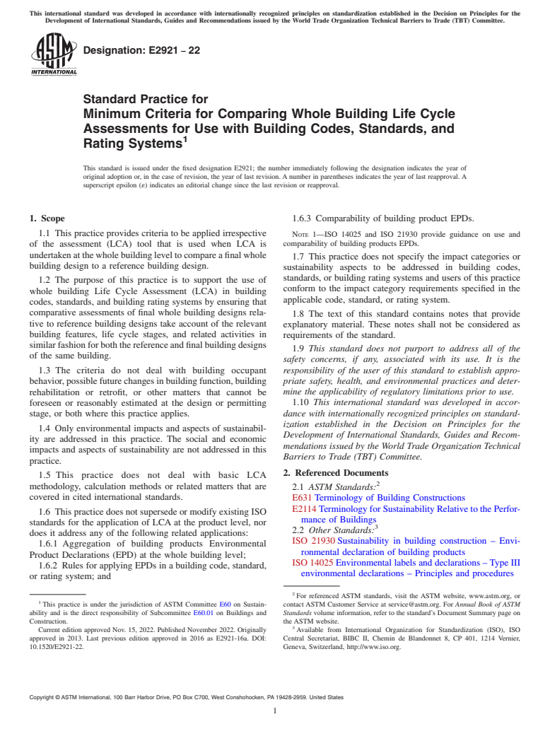 ASTM E2921-22 - Standard Practice for Minimum Criteria for Comparing Whole Building Life Cycle Assessments  for Use with Building Codes, Standards, and Rating Systems