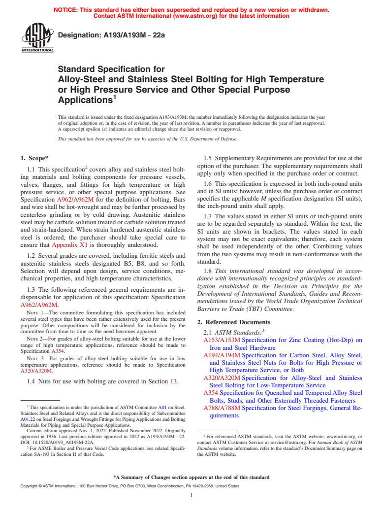 ASTM A193/A193M-22a - Standard Specification for  Alloy-Steel and Stainless Steel Bolting for High Temperature  or High Pressure Service and Other Special Purpose Applications