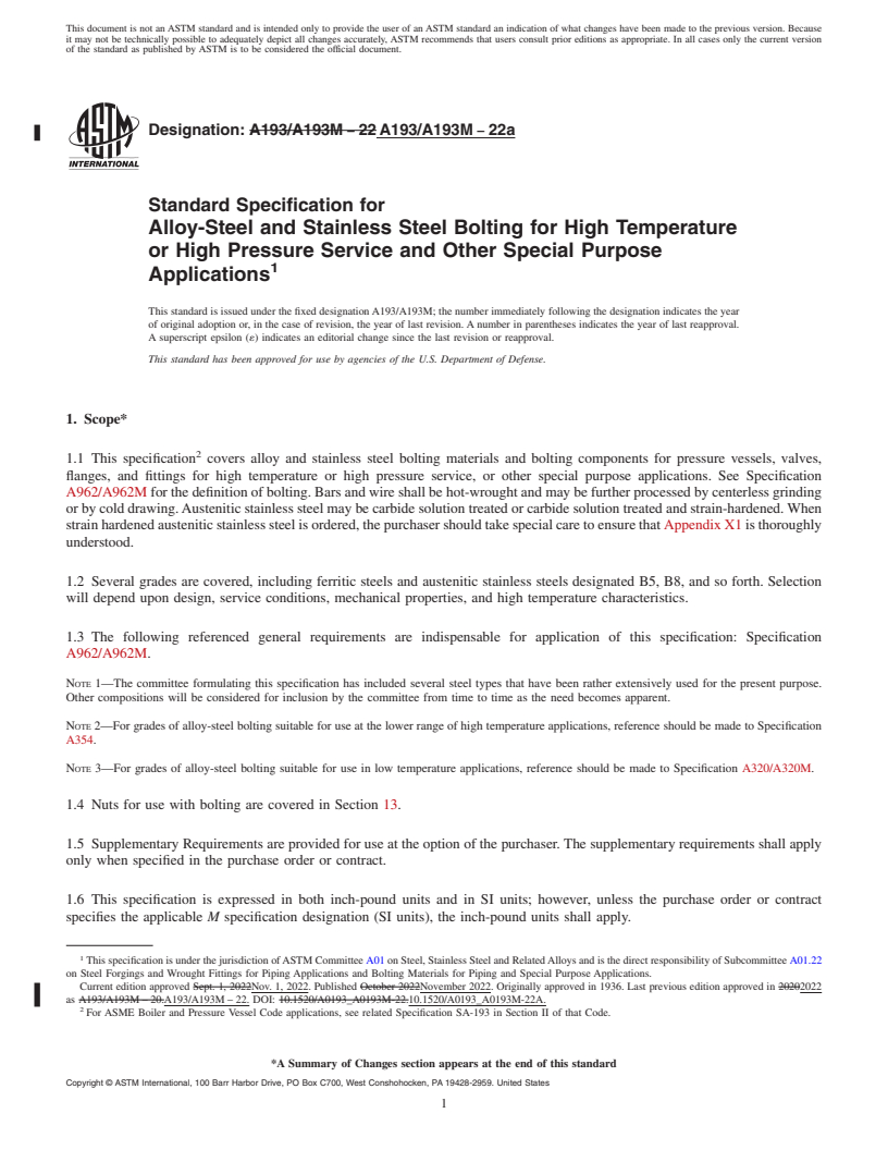 REDLINE ASTM A193/A193M-22a - Standard Specification for  Alloy-Steel and Stainless Steel Bolting for High Temperature  or High Pressure Service and Other Special Purpose Applications