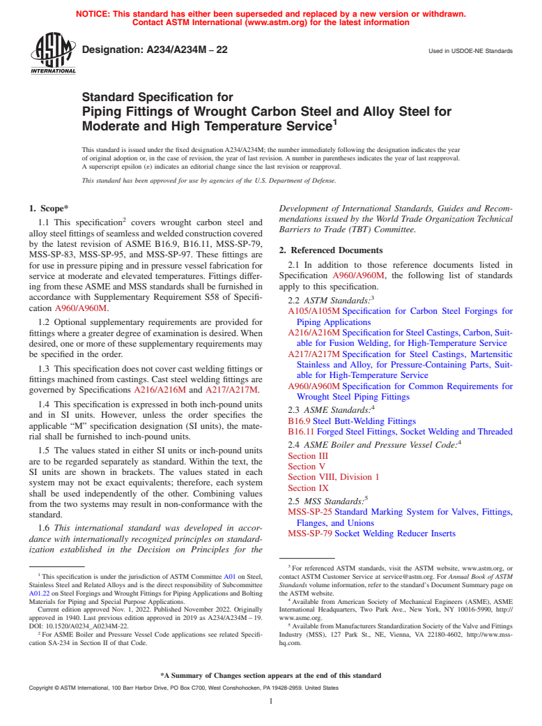 ASTM A234/A234M-22 - Standard Specification for  Piping Fittings of Wrought Carbon Steel and Alloy Steel for  Moderate and High Temperature Service