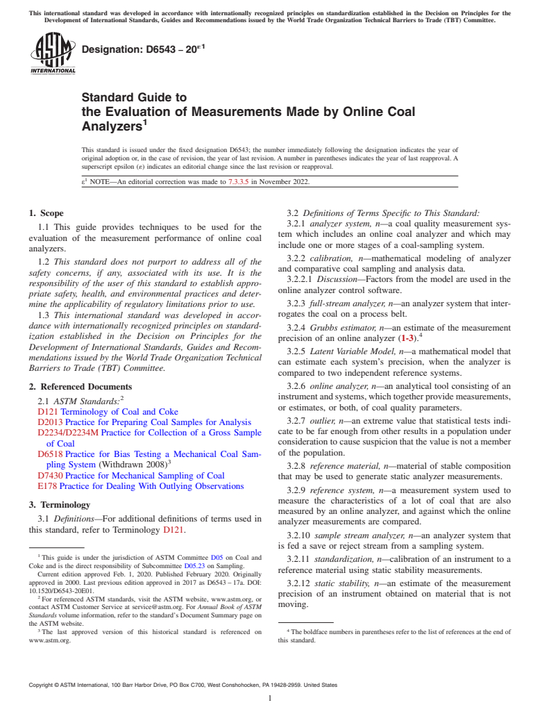 ASTM D6543-20e1 - Standard Guide to  the Evaluation of Measurements Made by Online Coal Analyzers