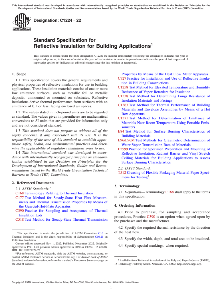 ASTM C1224-22 - Standard Specification for  Reflective Insulation for Building Applications