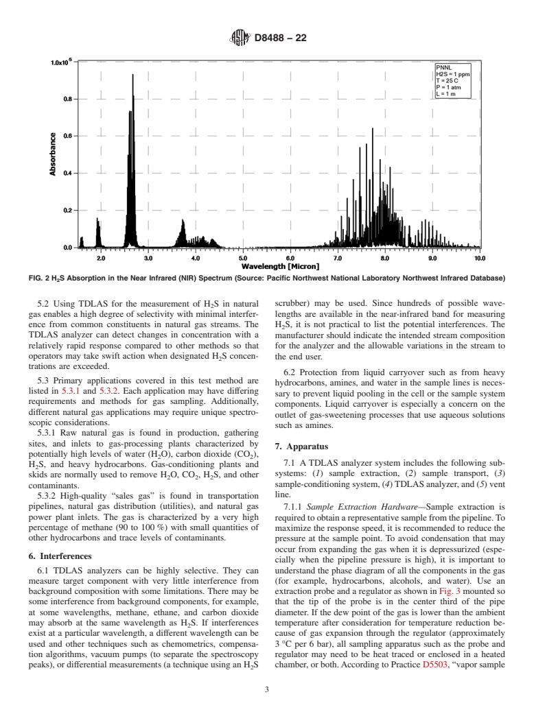 ASTM D8488-22 - Standard Test Method for Determination of Hydrogen Sulfide (H<inf>2</inf>S) in Natural  Gas by Tunable Diode Laser Spectroscopy (TDLAS)