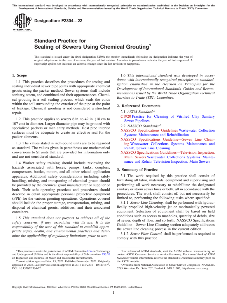 ASTM F2304-22 - Standard Practice for Sealing of Sewers Using Chemical Grouting
