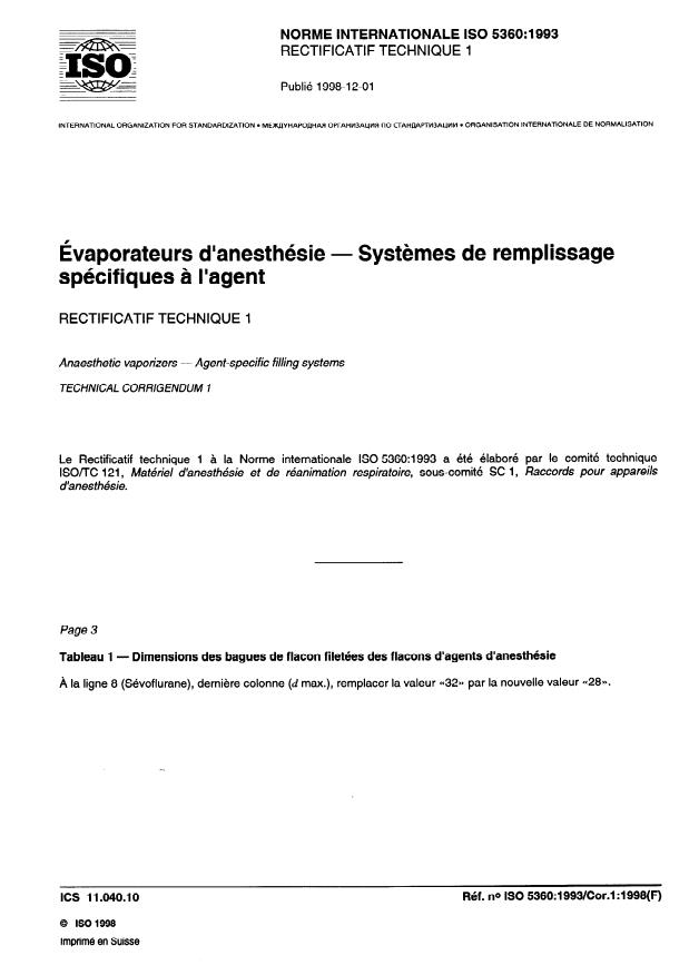 ISO 5360:1993 - Évaporateurs d'anesthésie -- Systemes de remplissage spécifiques a l'agent