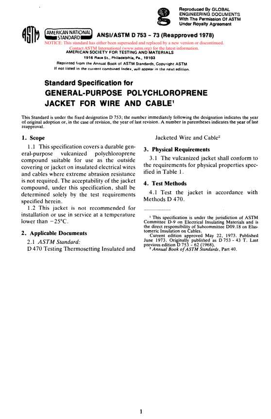 ASTM D753-73(1978) - Specification for General Purpose Polychloroprene Jacket for Wire and Cable (Withdrawn 1983)