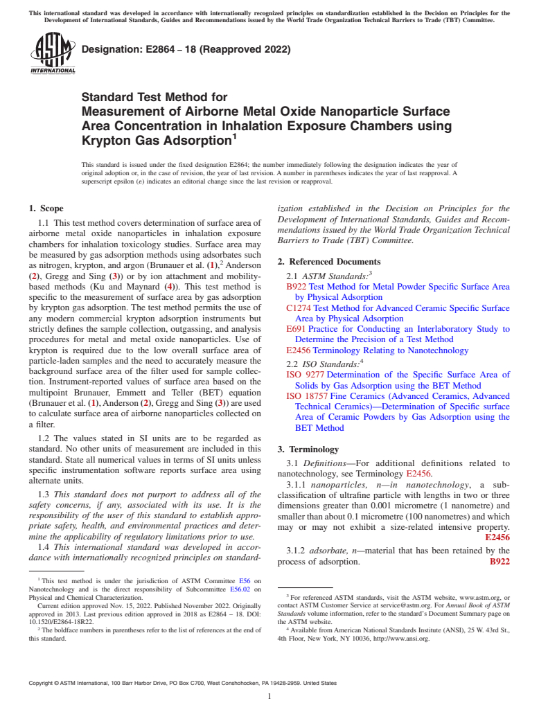 ASTM E2864-18(2022) - Standard Test Method for Measurement of Airborne Metal Oxide Nanoparticle Surface Area  Concentration in Inhalation Exposure Chambers using Krypton Gas Adsorption