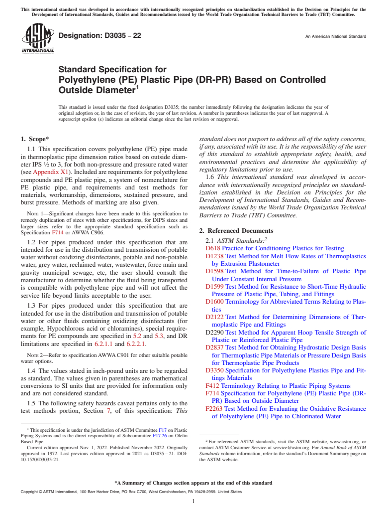 ASTM D3035-22 - Standard Specification for  Polyethylene (PE) Plastic Pipe (DR-PR) Based on Controlled   Outside Diameter
