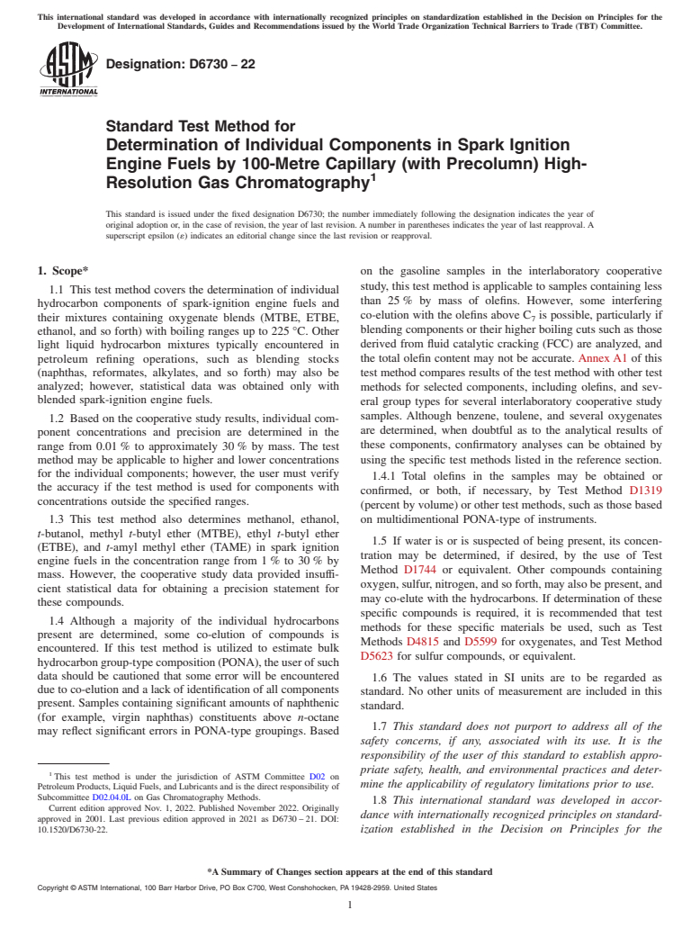 ASTM D6730-22 - Standard Test Method for Determination of Individual Components in Spark Ignition Engine   Fuels by 100-Metre Capillary (with Precolumn) High-Resolution  Gas  Chromatography