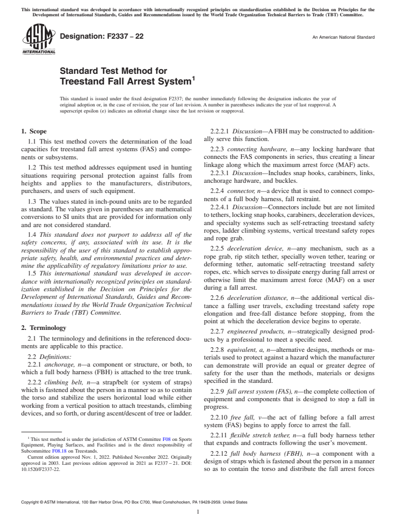 ASTM F2337-22 - Standard Test Method for  Treestand Fall Arrest System