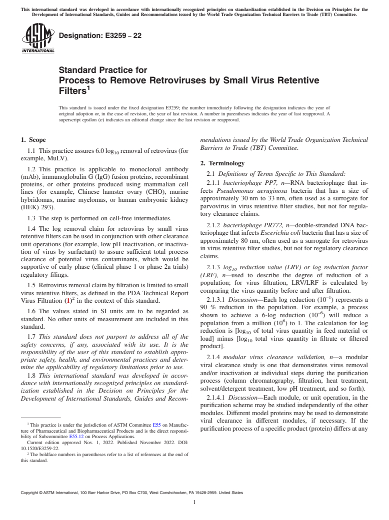 ASTM E3259-22 - Standard Practice for Process to Remove Retroviruses by Small Virus Retentive Filters