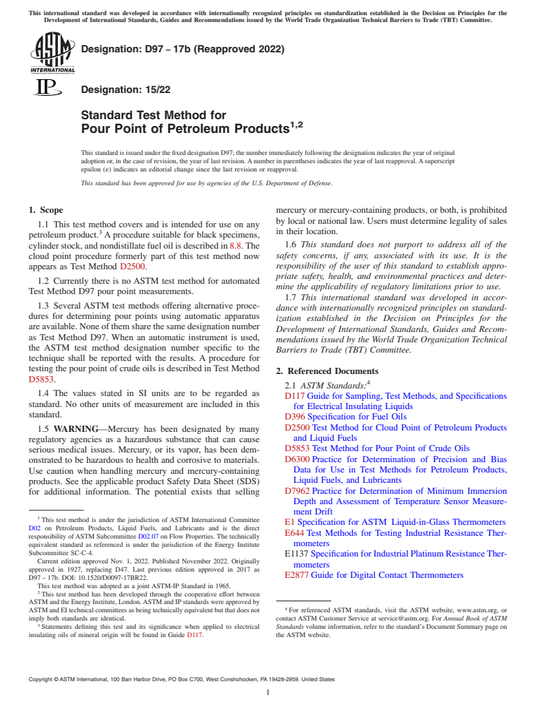 ASTM D97-17b(2022) - Standard Test Method for Pour Point of Petroleum Products