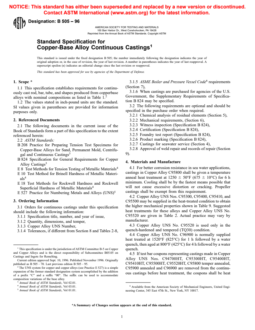 ASTM B505-96 - Standard Specification for Copper-Base Alloy Continuous Castings