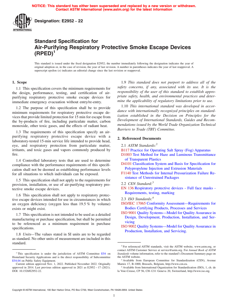 ASTM E2952-22 - Standard Specification for Air-Purifying Respiratory Protective Smoke Escape Devices (RPED)