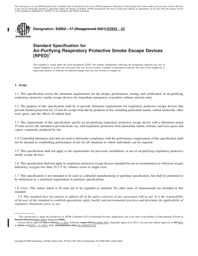 REDLINE ASTM E2952-22 - Standard Specification for Air-Purifying Respiratory Protective Smoke Escape Devices (RPED)