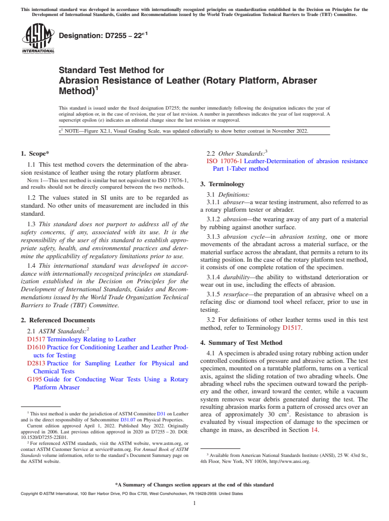 ASTM D7255-22e1 - Standard Test Method for  Abrasion Resistance of Leather (Rotary Platform, Abraser Method)