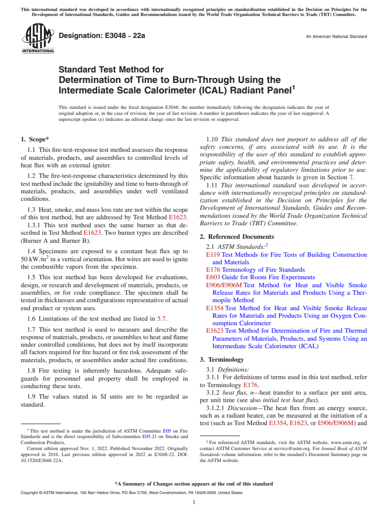 ASTM E3048-22a - Standard Test Method for Determination of Time to Burn-Through Using the Intermediate  Scale Calorimeter (ICAL) Radiant Panel