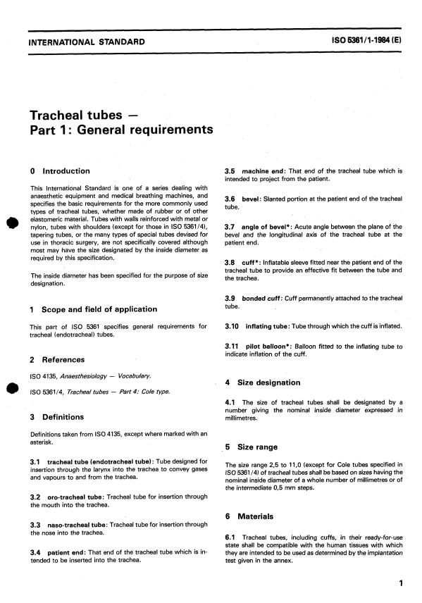 ISO 5361-1:1984 - Tracheal tubes