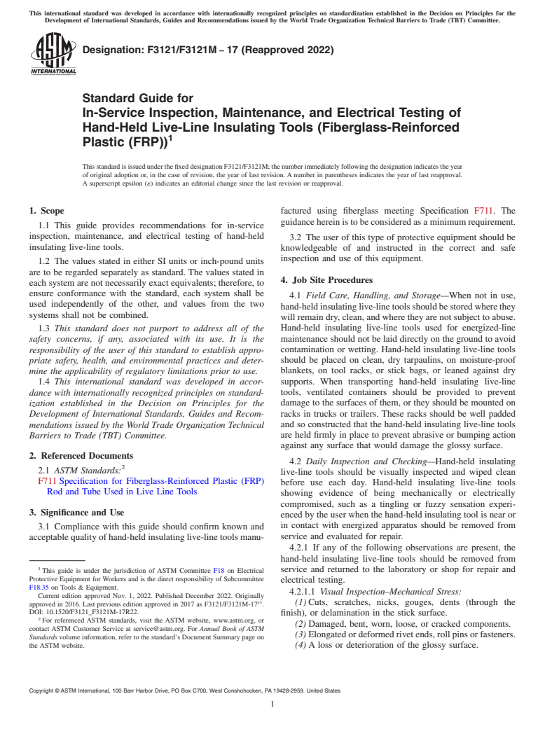 ASTM F3121/F3121M-17(2022) - Standard Guide for In-Service Inspection, Maintenance, and Electrical Testing  of Hand-Held Live-Line Insulating Tools (Fiberglass-Reinforced Plastic  (FRP))