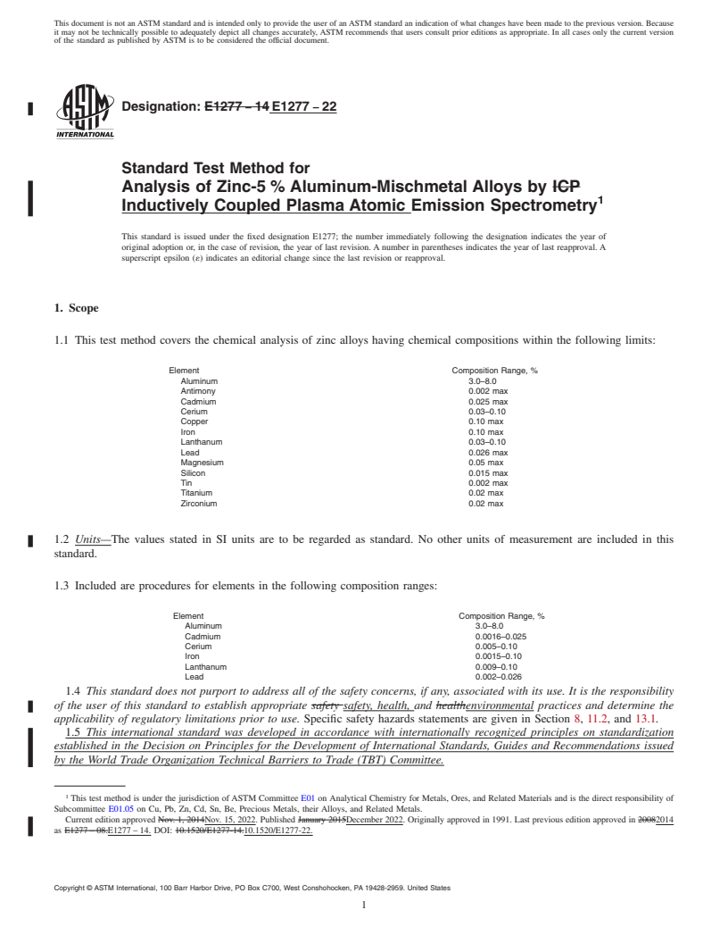 REDLINE ASTM E1277-22 - Standard Test Method for  Analysis of Zinc-5 % Aluminum-Mischmetal Alloys by Inductively  Coupled Plasma Atomic Emission Spectrometry