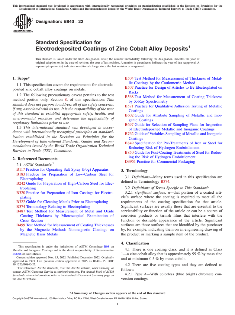 ASTM B840-22 - Standard Specification for  Electrodeposited Coatings of Zinc Cobalt Alloy Deposits