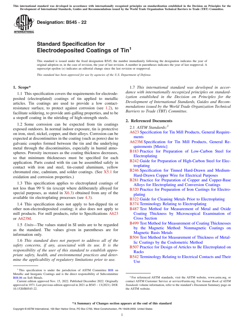 ASTM B545-22 - Standard Specification for Electrodeposited Coatings of Tin