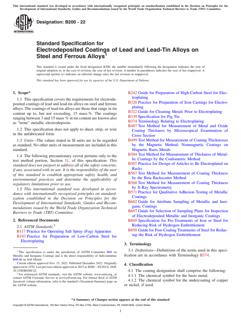 ASTM B200-22 - Standard Specification for  Electrodeposited Coatings of Lead and Lead-Tin Alloys on Steel   and Ferrous Alloys