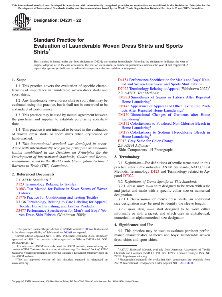 ASTM D4231-22 - Standard Practice for  Evaluation of Launderable Woven Dress Shirts and Sports Shirts