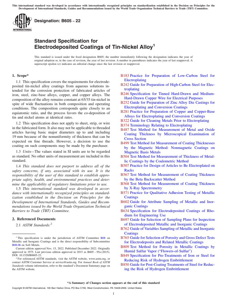 ASTM B605-22 - Standard Specification for  Electrodeposited Coatings of Tin-Nickel Alloy