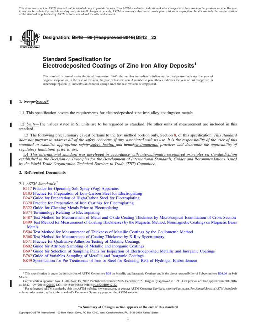 REDLINE ASTM B842-22 - Standard Specification for Electrodeposited Coatings of Zinc Iron Alloy Deposits