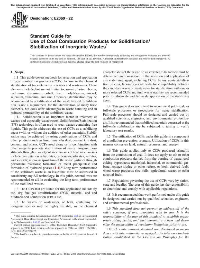 ASTM E2060-22 - Standard Guide for  Use of Coal Combustion Products for Solidification/Stabilization  of Inorganic Wastes