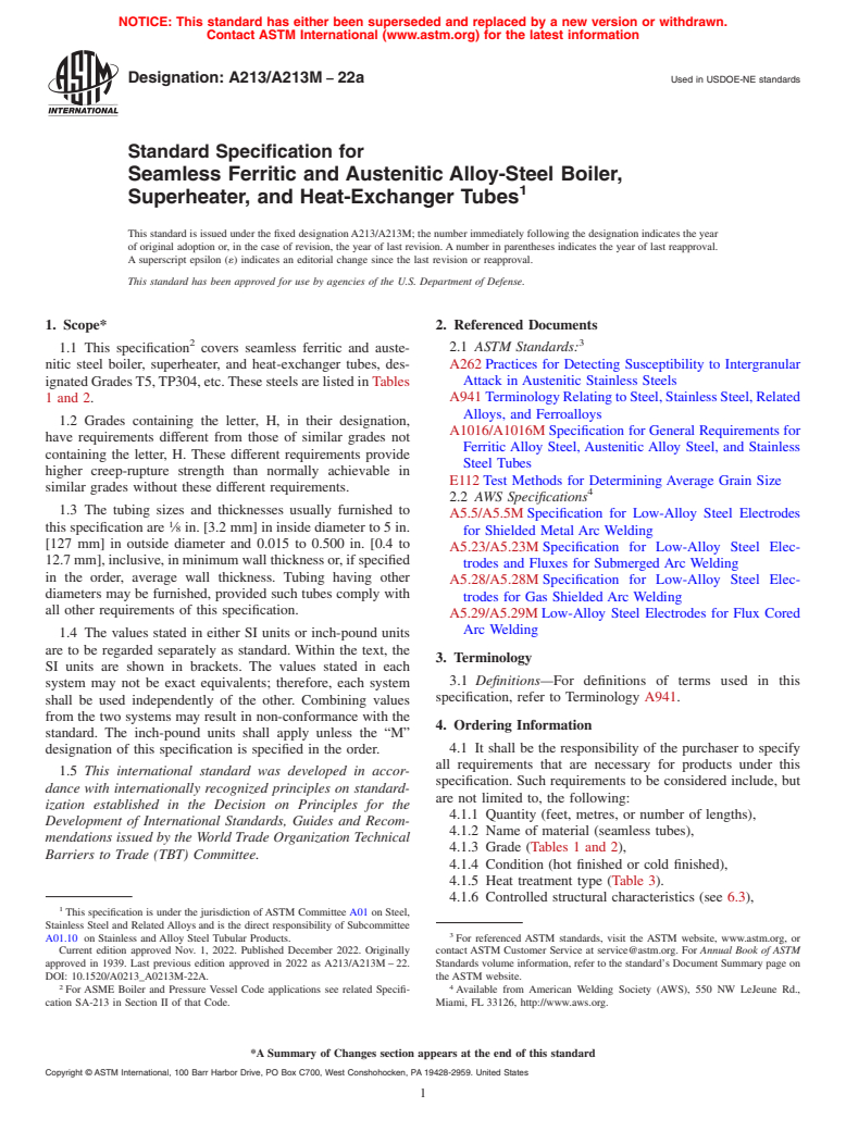 ASTM A213/A213M-22a - Standard Specification for Seamless Ferritic and Austenitic Alloy-Steel Boiler, Superheater,  and Heat-Exchanger Tubes