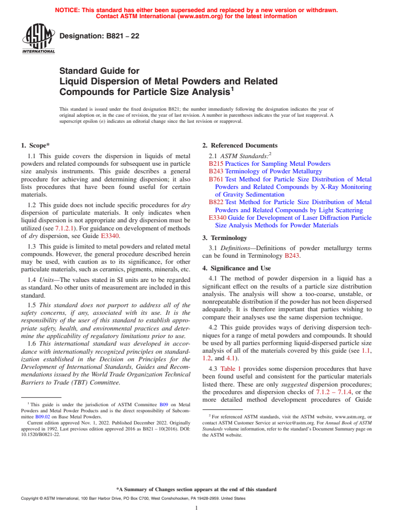 ASTM B821-22 - Standard Guide for  Liquid Dispersion of Metal Powders and Related Compounds for   Particle Size Analysis