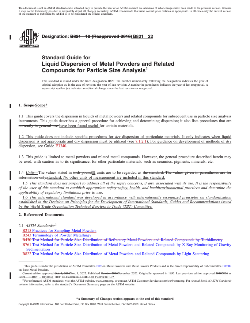 REDLINE ASTM B821-22 - Standard Guide for  Liquid Dispersion of Metal Powders and Related Compounds for   Particle Size Analysis