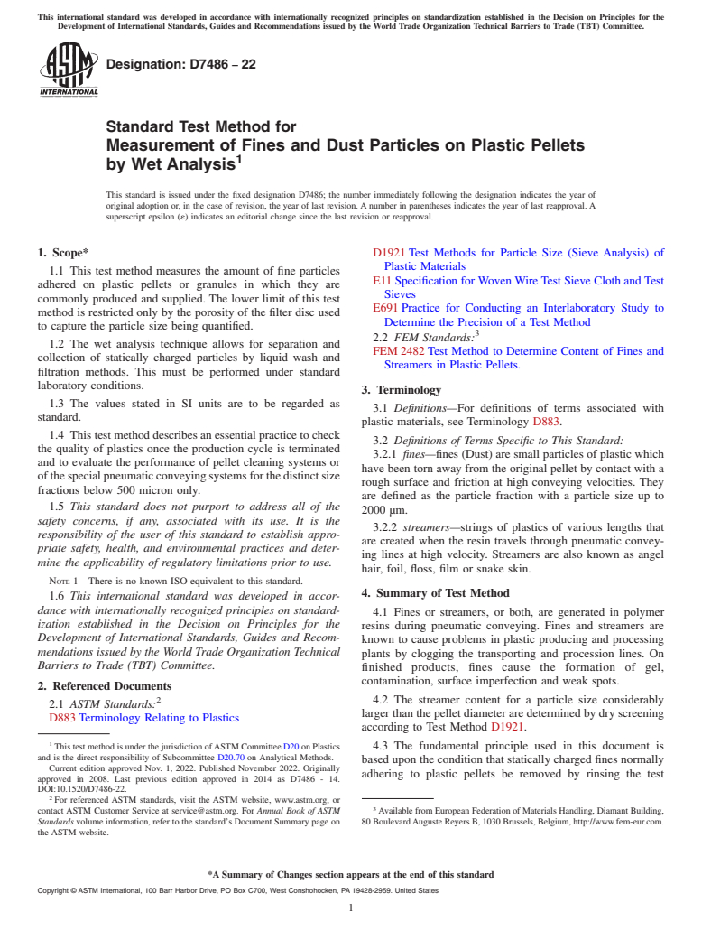 ASTM D7486-22 - Standard Test Method for  Measurement of Fines and Dust Particles on Plastic Pellets  by Wet Analysis