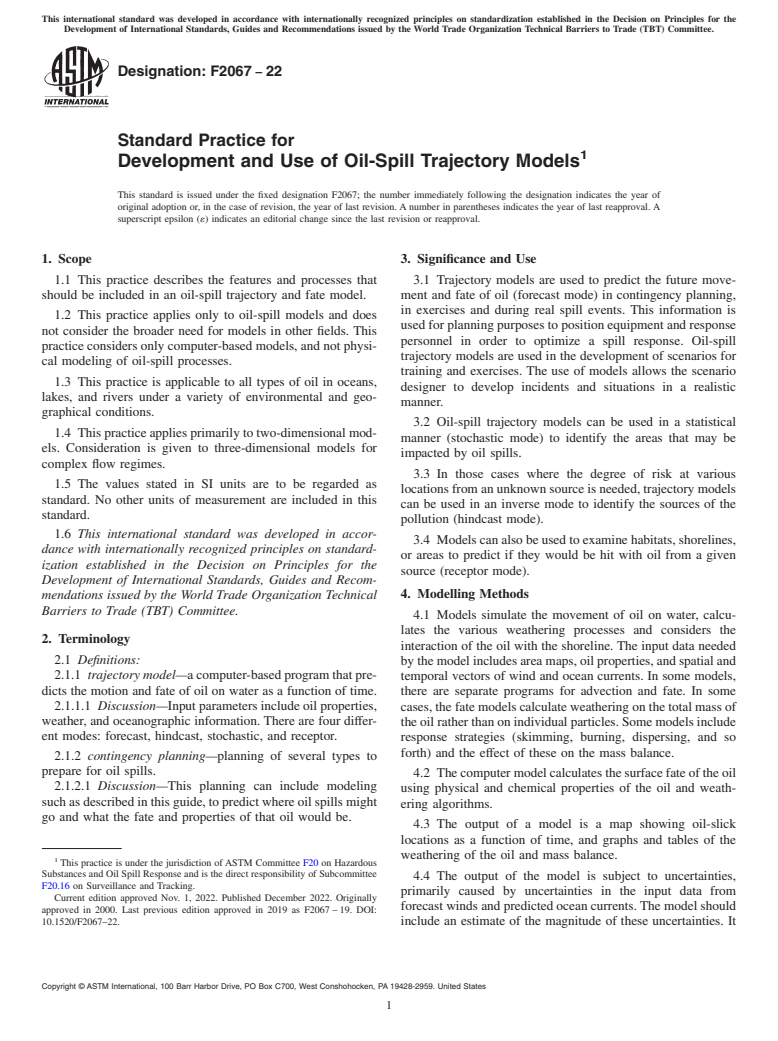ASTM F2067-22 - Standard Practice for  Development and Use of Oil-Spill Trajectory Models