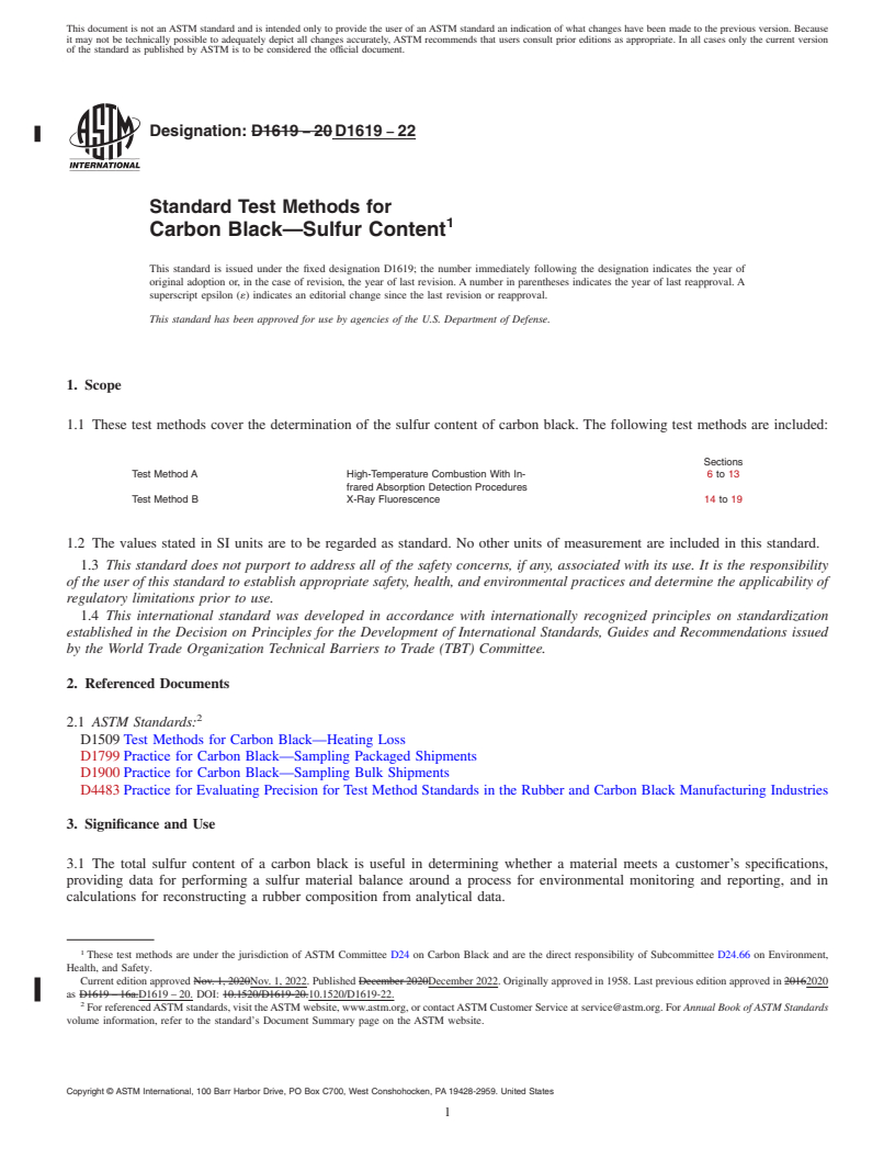 REDLINE ASTM D1619-22 - Standard Test Methods for  Carbon Black—Sulfur Content